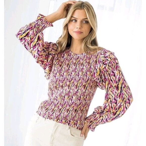 THML Anthropologie Smocked Neck Blouse Size Medium Long Sleeve - Picture 1 of 7